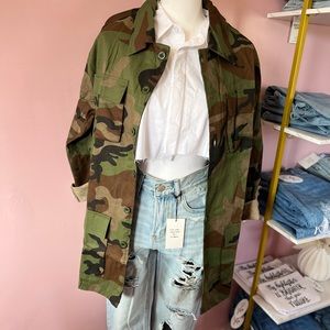 Camouflage jacket with crop top long sleeve white button down. Brand new!